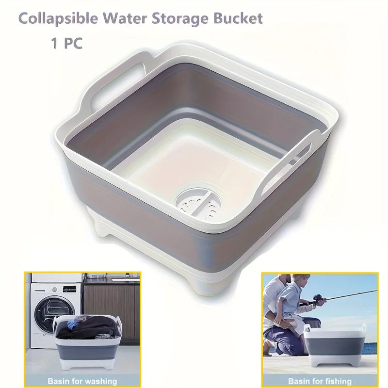 A portable water storage device designed for outdoor camping, equipped with drainage holes, foldable, vegetable washing basin