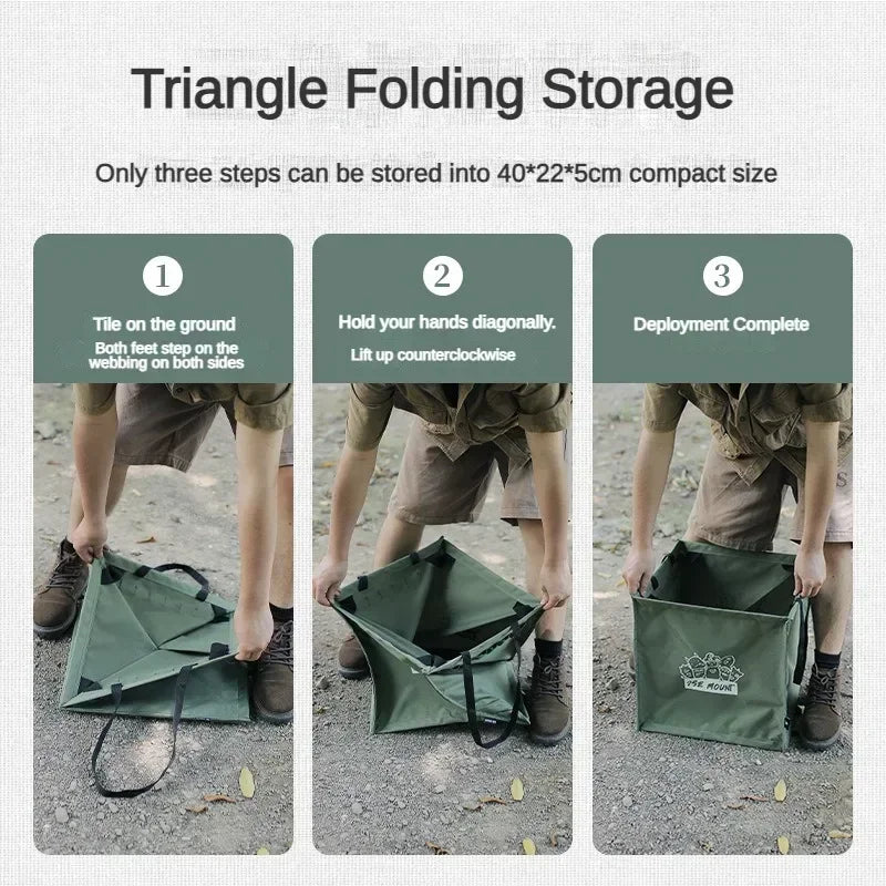 Foldable Camping Storage Bag, Heavy-Duty Canvas Trash Holder with Ground Pegs & Side Hooks, Portable Picnic Gear Organizer
