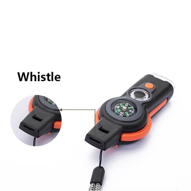 7 in 1 Outdoor Survival Emergency Tool Multifunctional Camping Hiking Whistle Compass Thermometer Magnifier Flashlight