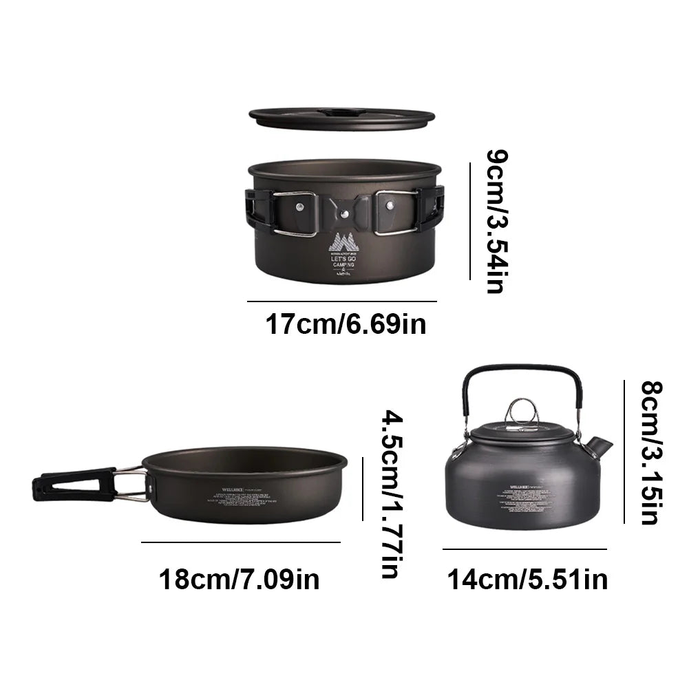 3Pcs/Set Camping Cookware Set with Water Kettle Portable Cookware Kit Tableware Pot Pan Set for Outdoor Fishing Camping