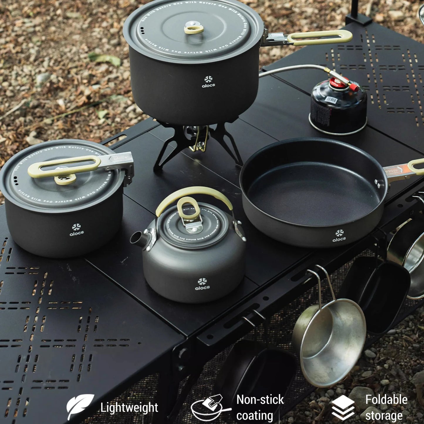Camping Cookware Mess Kit Camping Cooking Pot Fry Pan and Kettle Set for Camping Backpacking