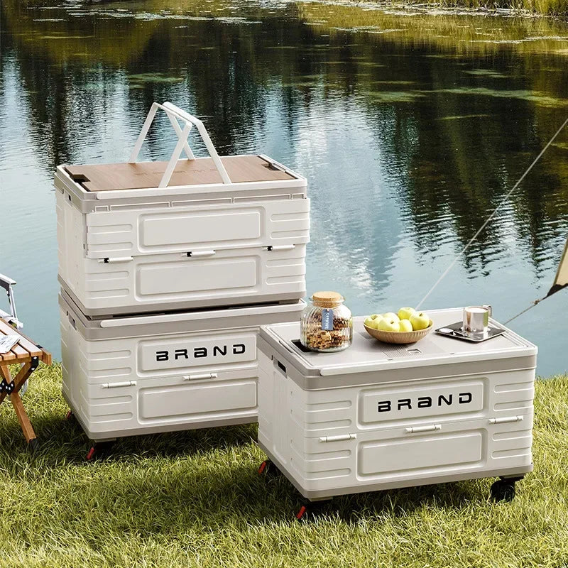 Camping Folding Box Outdoor Car Trunk Wooden Cover Camping Picnic Organizer Box Household Storage Storage Box with Wheels