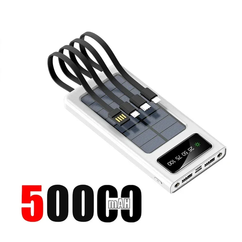 200000mah Solar Powered Power Bank With Light Large Capacity Ultra Fast Charging Digital Display Screen 4-Wire External Battery