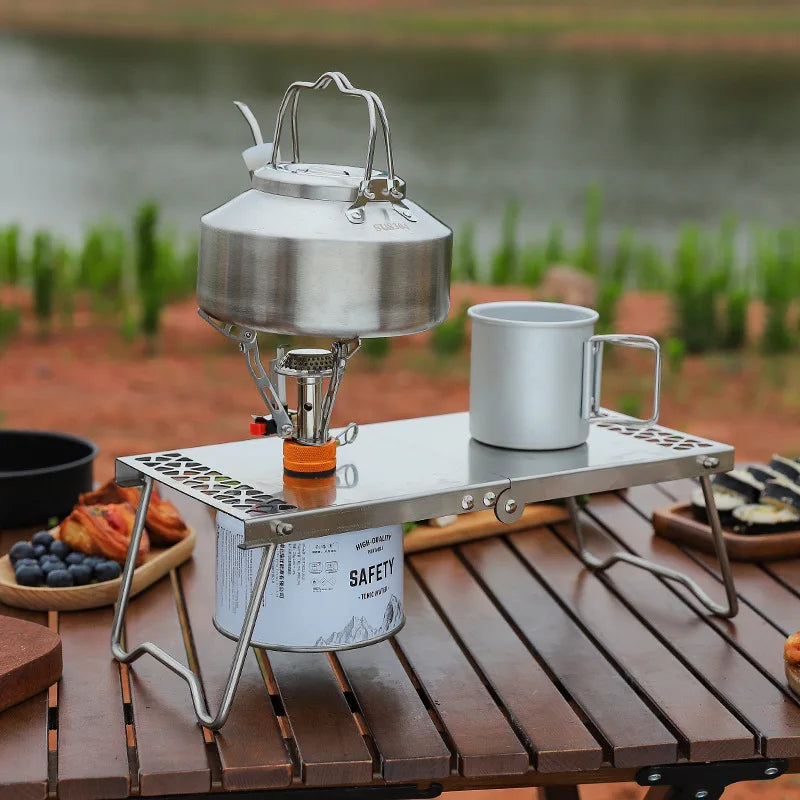 Outdoor Camping Stainless Steel Folding Gas Stove Table BBQ Portable Versatile Steel Table & Mini Burner Picnic Cooker