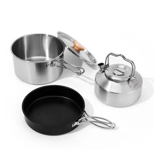 Camping Cookware Stainless Steel Set Outdoor Hiking Portable Picnic Tableware Kit Pot Frying Pan Kettle Set For Outdoor Cooking