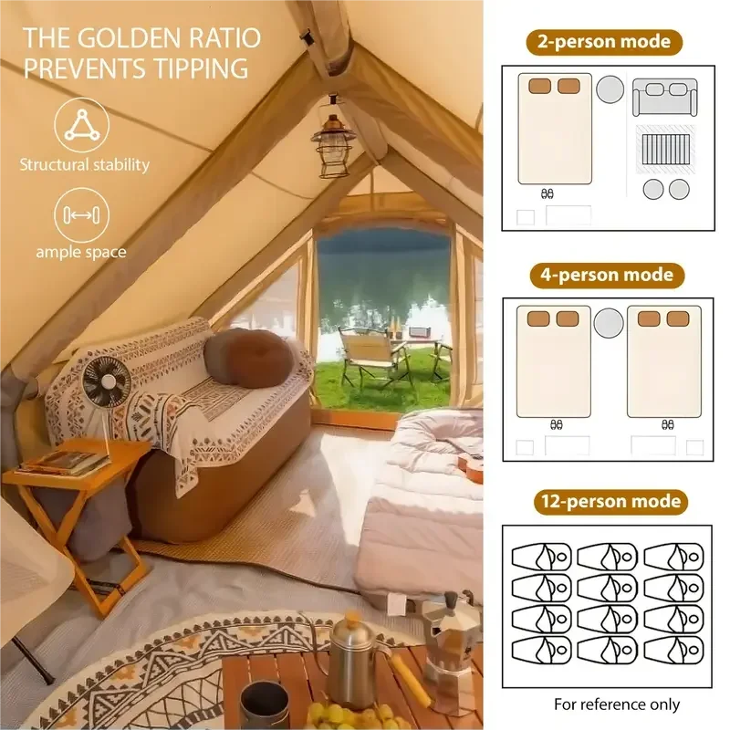 129 Sqft Large inflatable tent with Tarp,8 Person Inflatable Camping Tent 4 Season Glamping Tent Fireproof Blanket Blow up tent