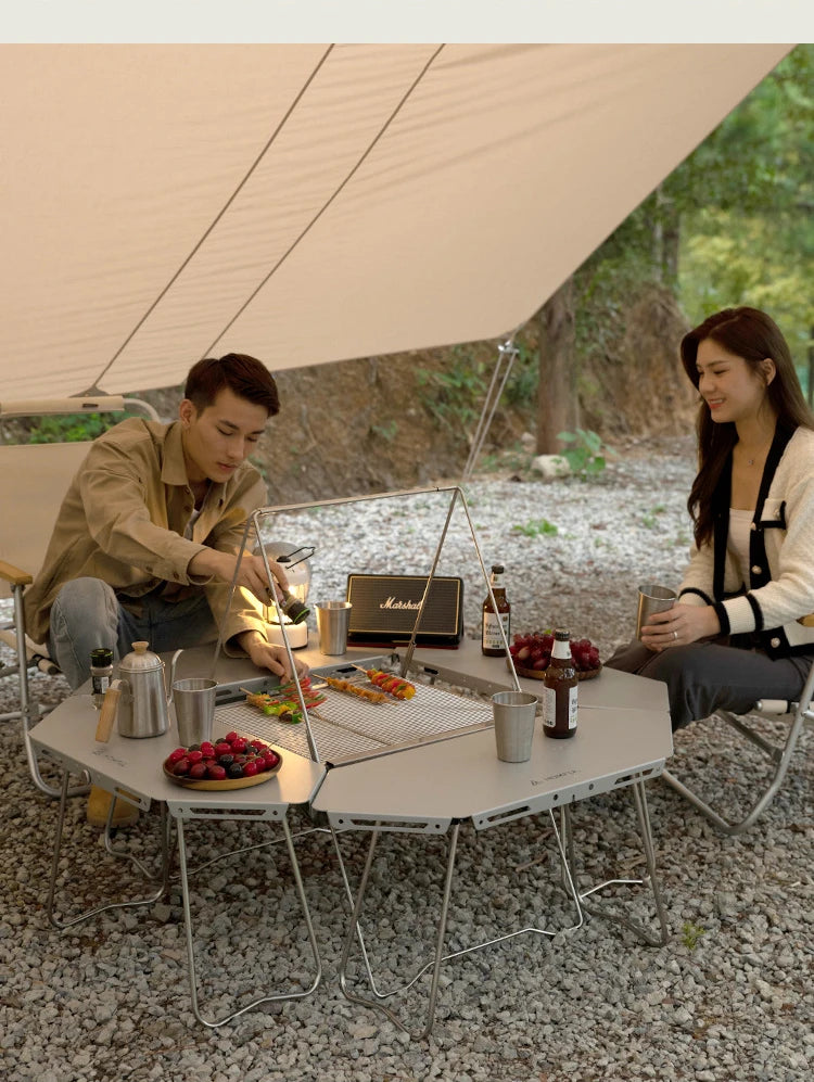 HOMFULOutdoor Stainless Steel Barbecue Campfire Table Camping Multifunctional Portable Foldable Splicing Combination Round Table