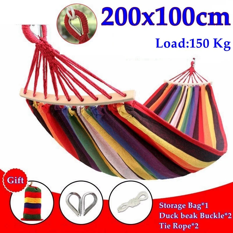 Outdoor Canvas Hammock Portable Thickened Anti-Rollover 2 Persons Striped Hammock Garden Travel Camping Hanging Swing Hammock