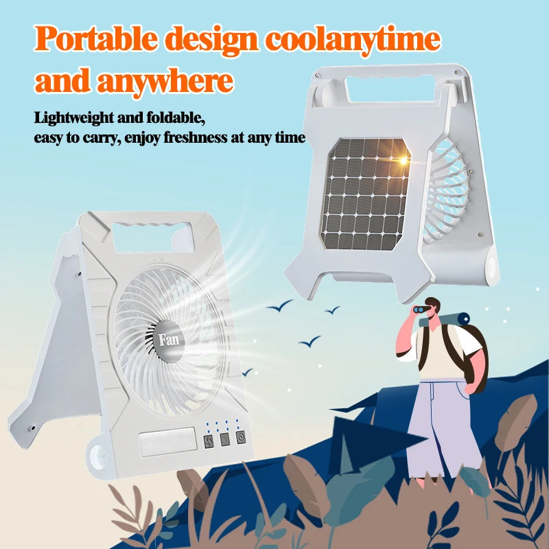 Camping Solar Fan Solar-Powered Camping Fan – Portable Rechargeable Fan with LED Light & Power Bank for Outdoor Adventures