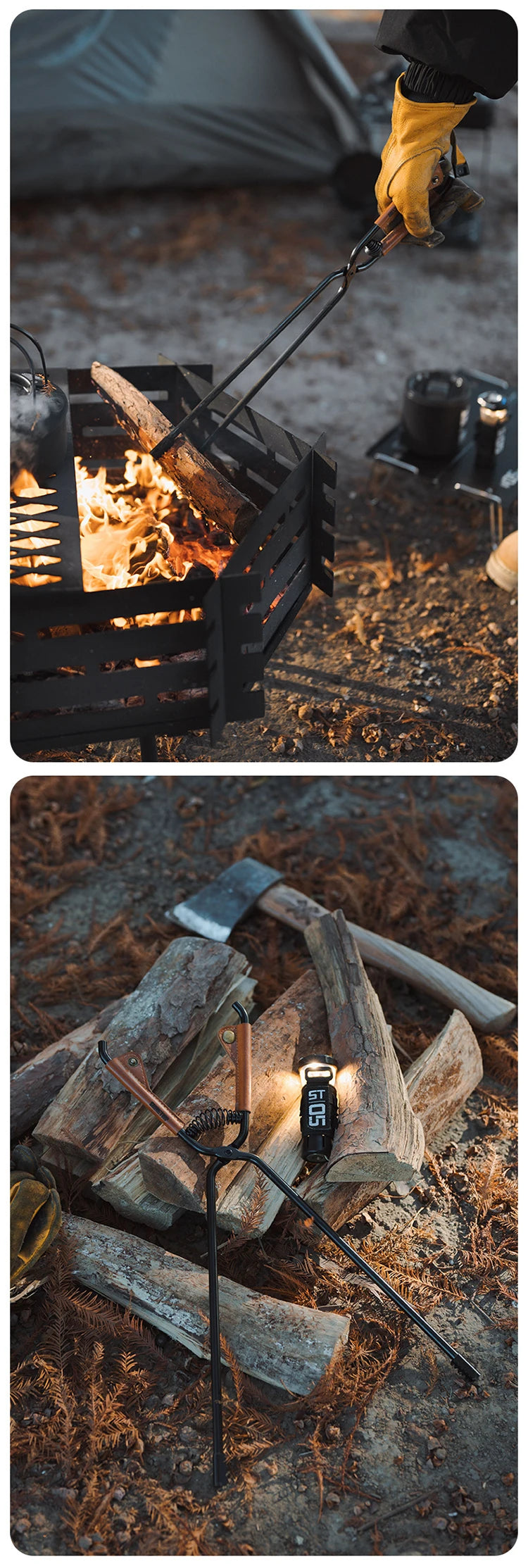 ShineTrip-Camping Fire Poker Outdoor BBQ Thickened Anti-Scald Carbon Fire Poker Lightweight Portable Carbon Steel Fire Poker