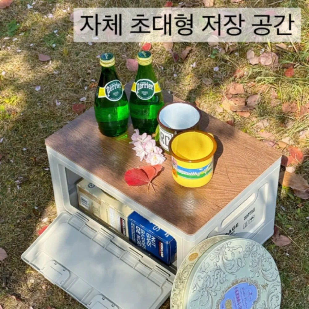 Storage Box, Outdoor Camping Foldable Storage Box with Wooden Lid Plastic Box