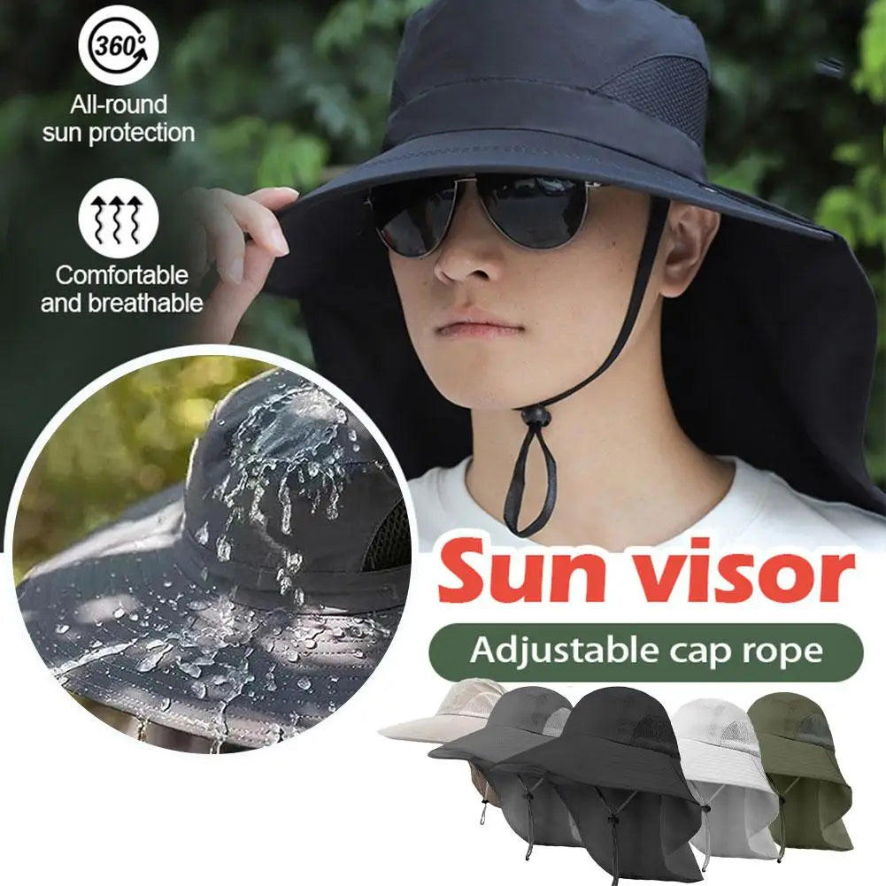 Summer Outdoor Sun Hat with UV Protection Neck Flap Fishing Cap Wide Brim Adjustable Windproof Strap For Hiking Camping