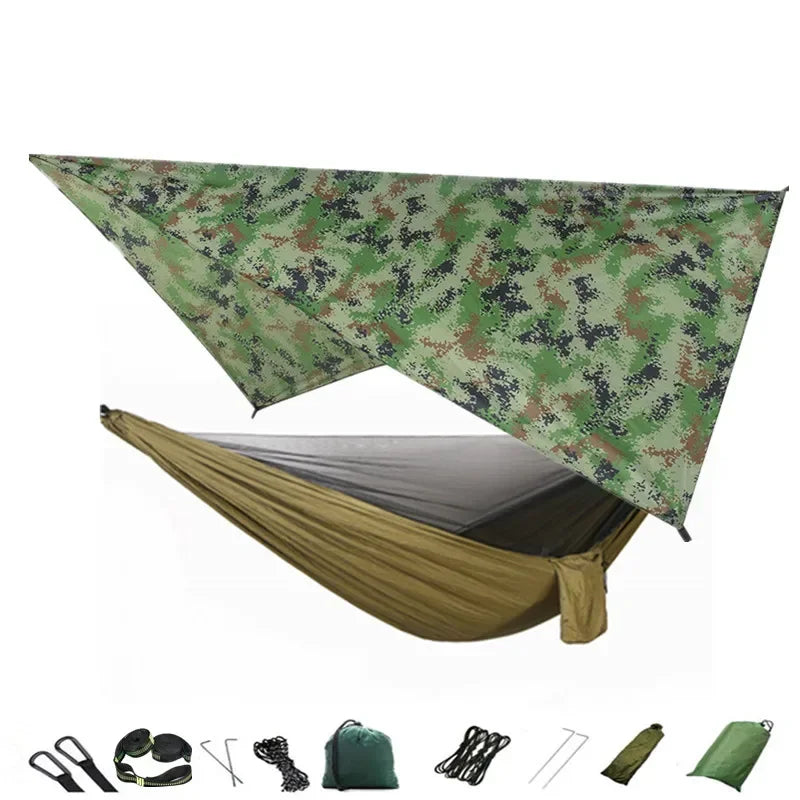 Camping Hammock with Mosquito Net and Rain Fly Tarp,Portable Parachute Tree Hammock Nylon Swing Hammocks Sun Shelter Rain Fly