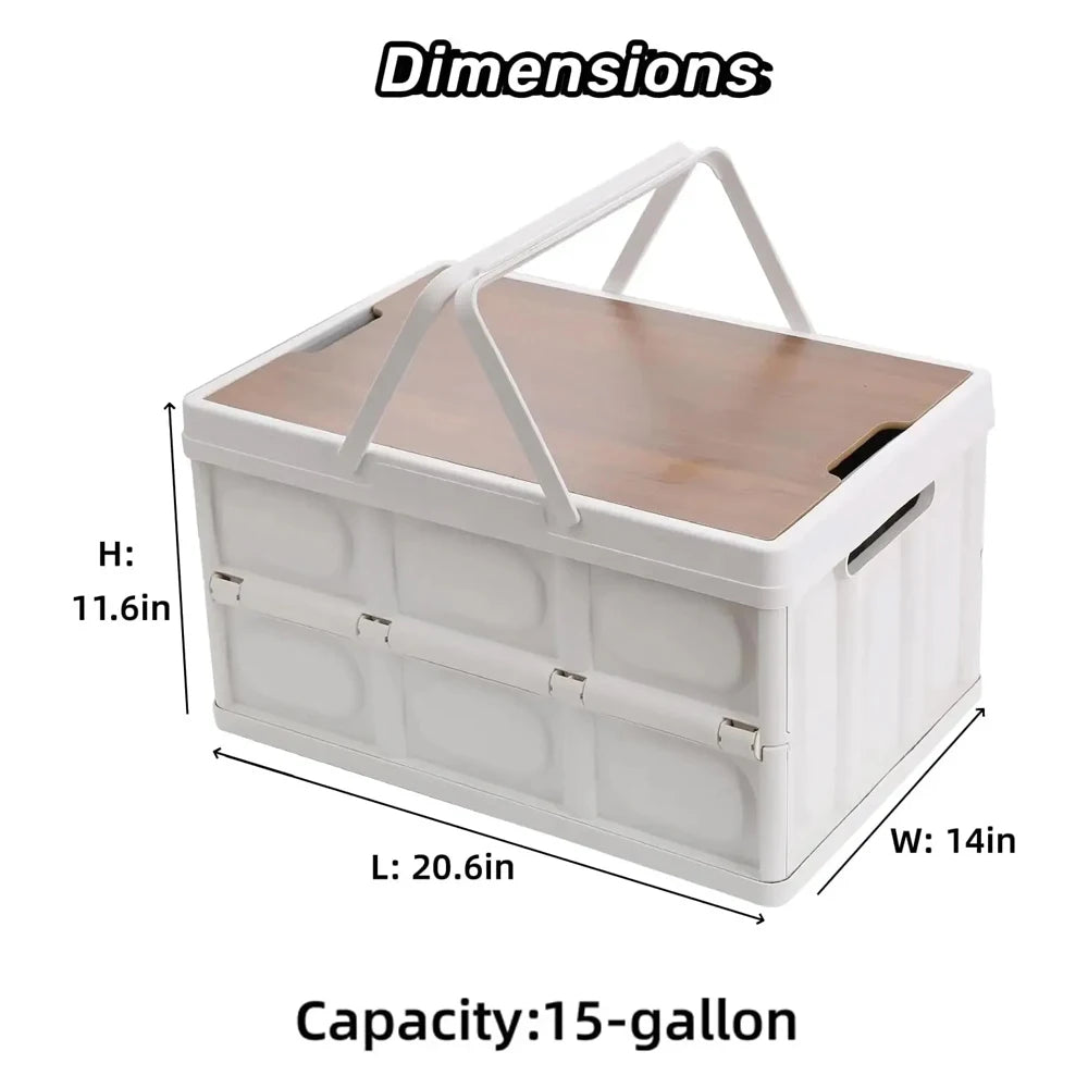 Outdoor Camping Folding Storage Box 35L Thickened Car Mounted Travel Food Foldable Organizing Tool with Carry Handle Wooden Lid
