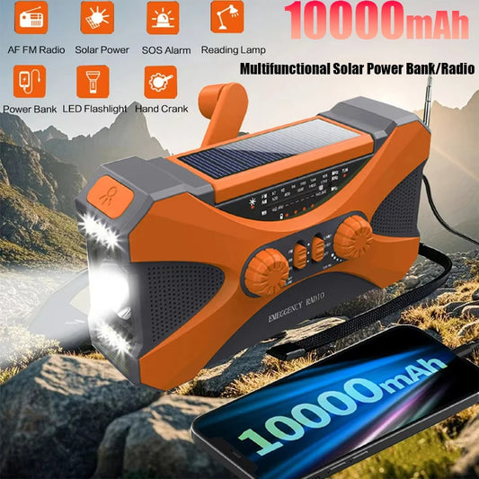 10000mAh Solar Power Bank Solar Crank Radio AM/FM Weather Alert Dual Stereo Speakers Phone Charger with LED Torch and SOS Alarm
