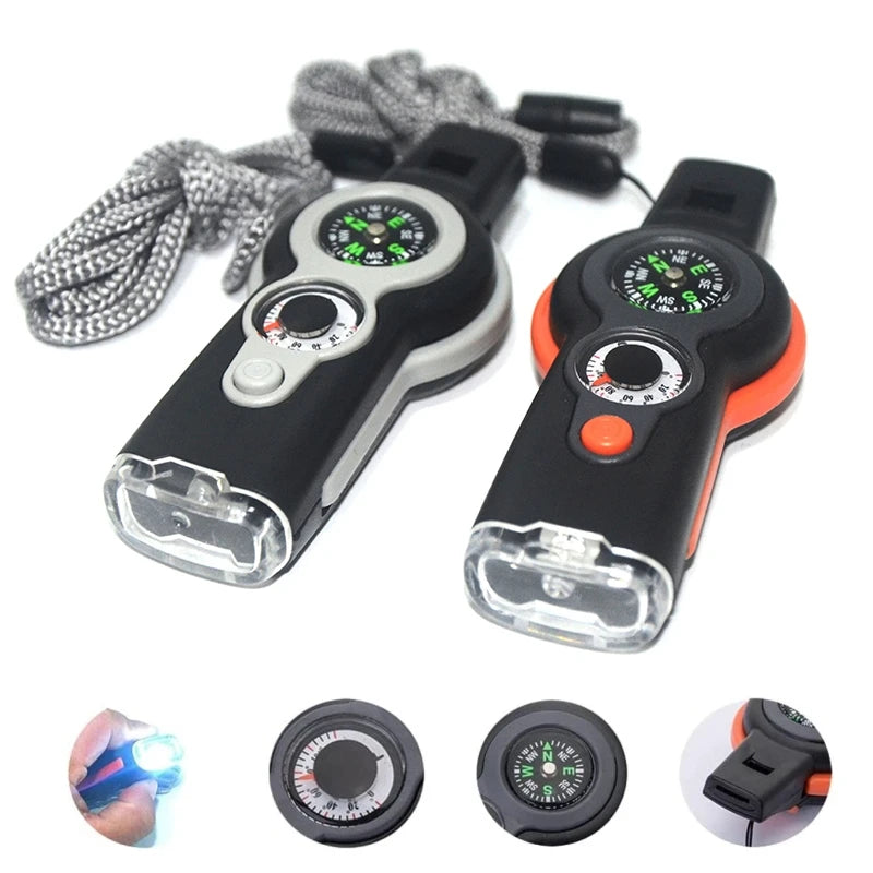 7 in 1 Outdoor Survival Emergency Tool Multifunctional Camping Hiking Whistle Compass Thermometer Magnifier Flashlight
