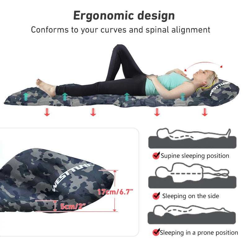 WESTTUNE Camping Inflating Sleeping Mattress Folding Outdoor Sleeping Pad Inflatable Mattress with Pillow Ultralight Travel Bed