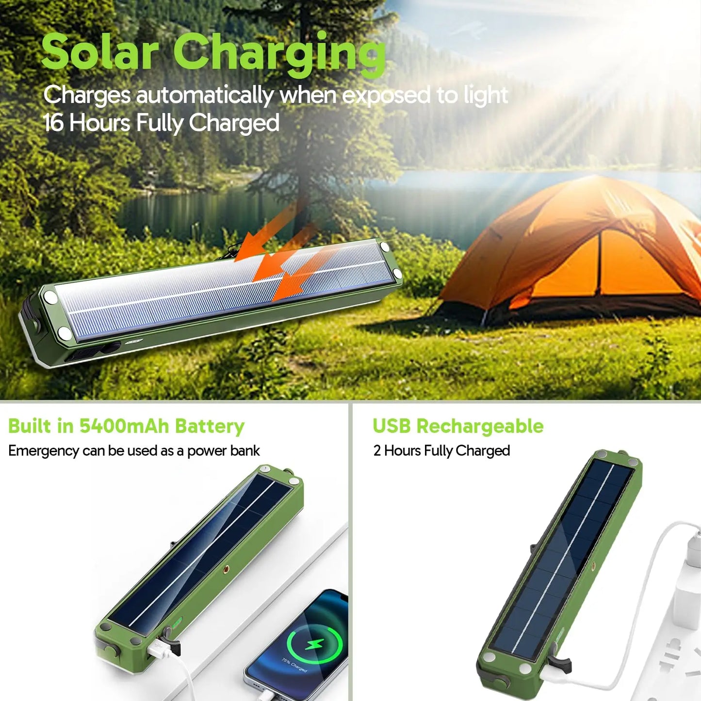 Solar Camping Lantern - 5400mAh Power Bank,2500LM IPX5 Waterproof,4 Modes & Magnetic Hook - Portable Camping Light Bar for Tent