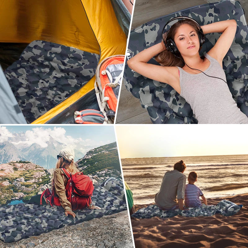 WESTTUNE Camping Inflating Sleeping Mattress Folding Outdoor Sleeping Pad Inflatable Mattress with Pillow Ultralight Travel Bed