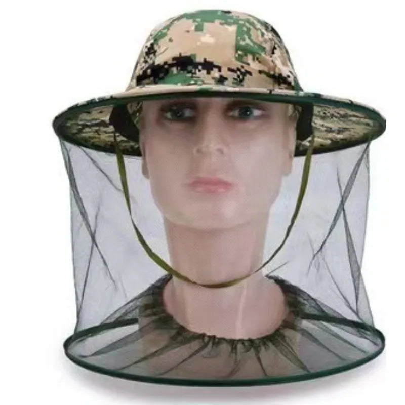 Camouflage Male Fishing Hat Anti-bee Insect Anti-mosquito Net Anti-insect Mesh Fishing Hat Outdoor Hat with Sun Cover