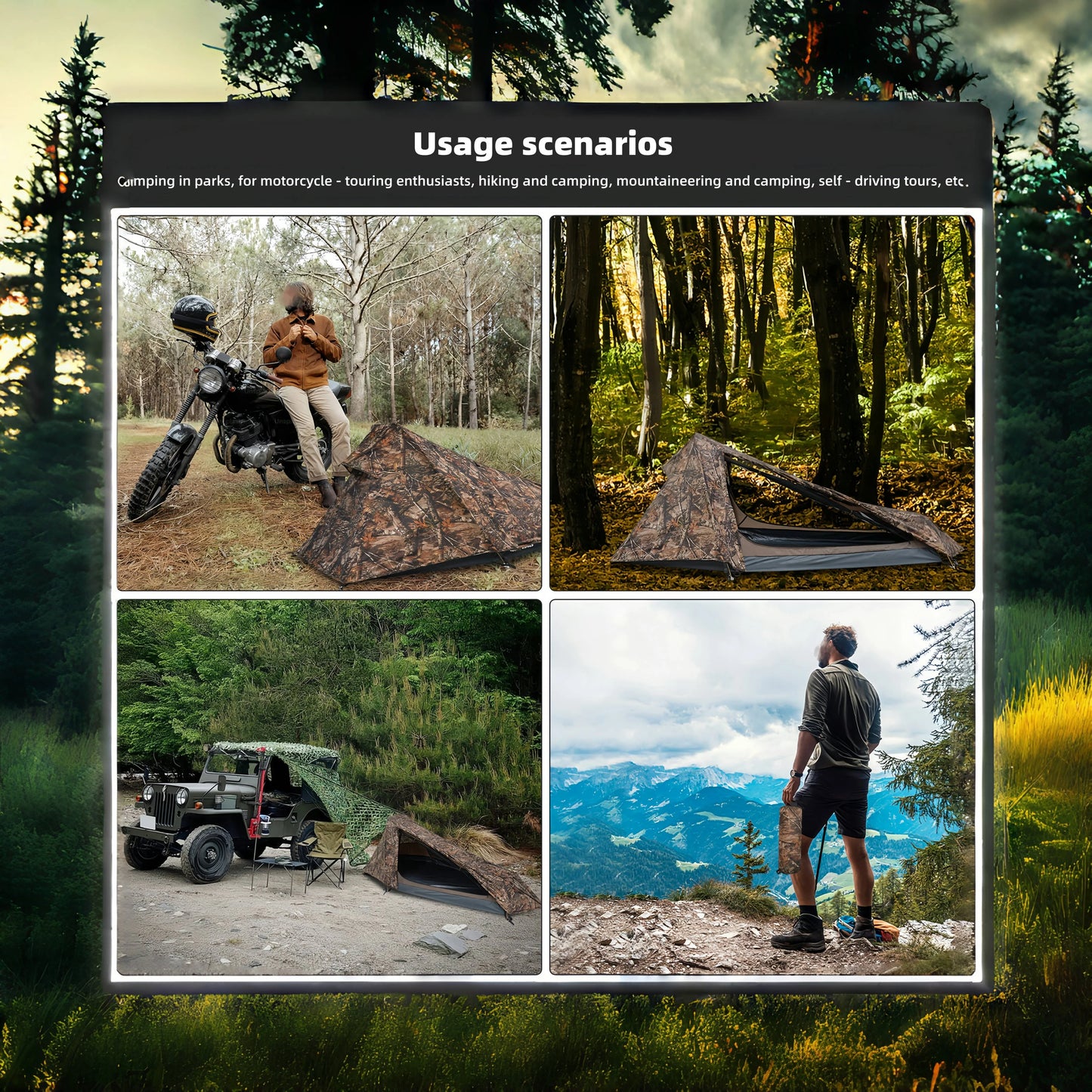 A single-person camouflage tent suitable for outdoor camping is a double-layer waterproof pyramid tent