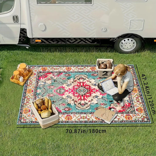 Vintage Bohemian Floral Outdoor Rug Non-Slip Waterproof Decorative Mat for Patio Garden Poolside Easy Clean Polyester Fabric