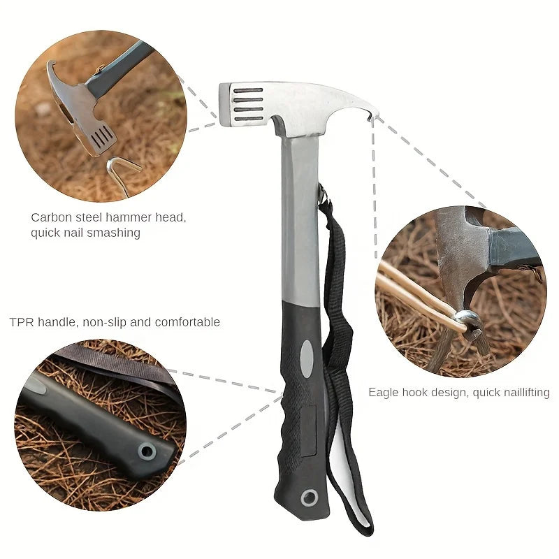 Heavy-duty Multi-purpose Camping Hammer with Tent Post Remover and Safety Grip Belt, Essential Outdoor Camping and Hiking Tools