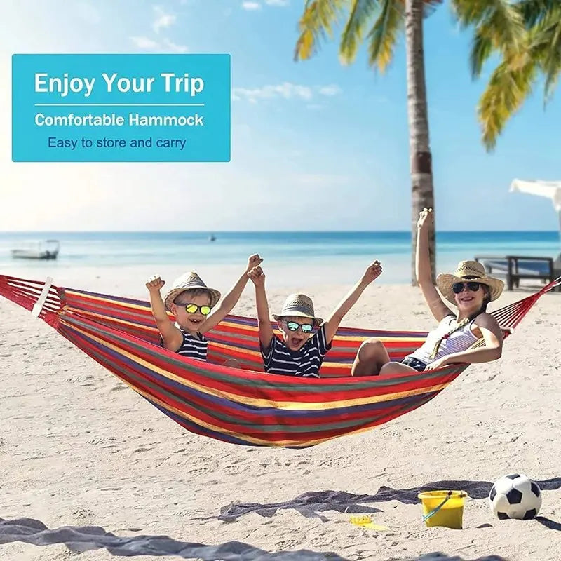 Outdoor Canvas Hammock Portable Thickened Anti-Rollover 2 Persons Striped Hammock Garden Travel Camping Hanging Swing Hammock