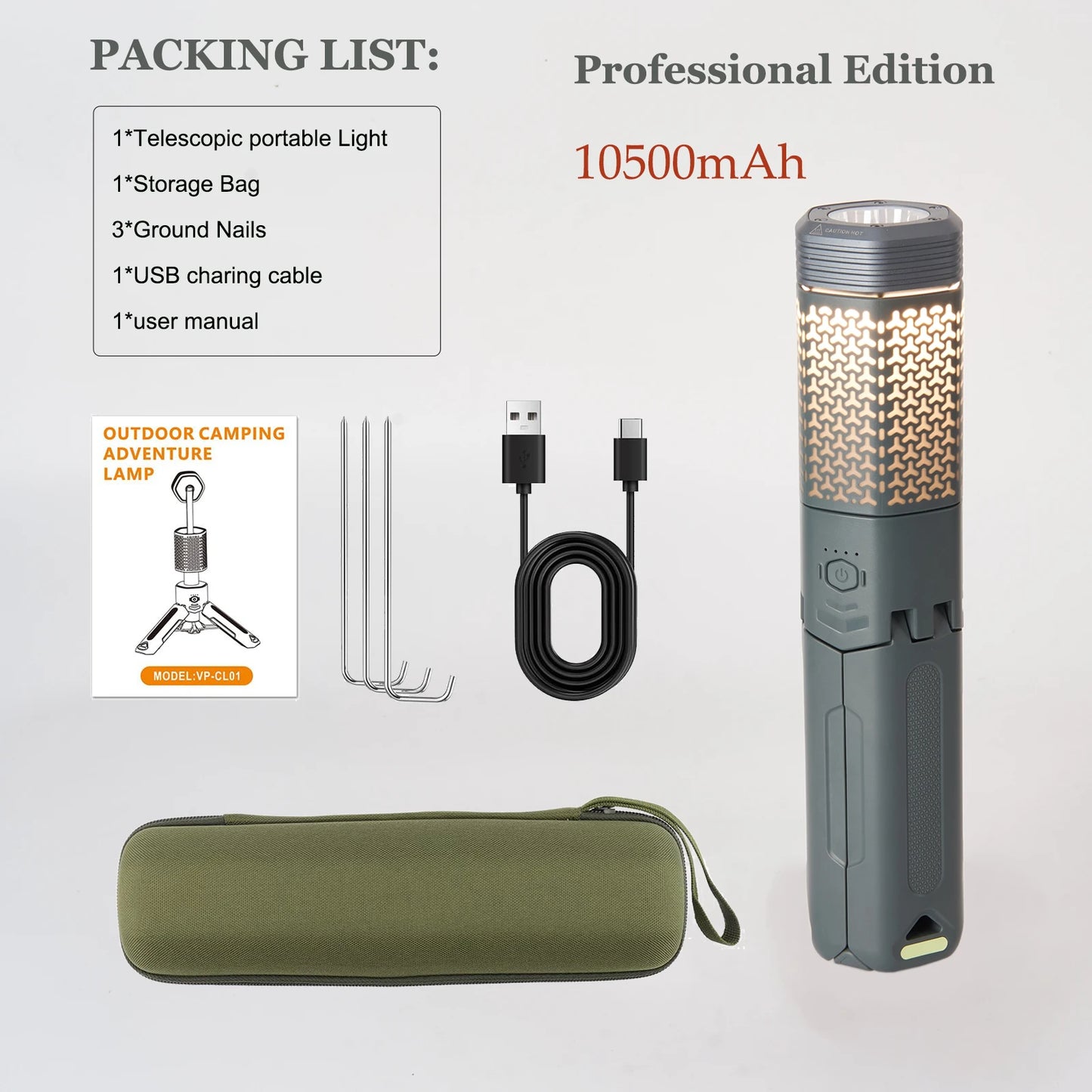 Telescopic Camping Light,Telescoping Portable Light，Rechargeable 10500mAh Battery,Magnetic Outdoor Lantern,Flash/  Road  Light