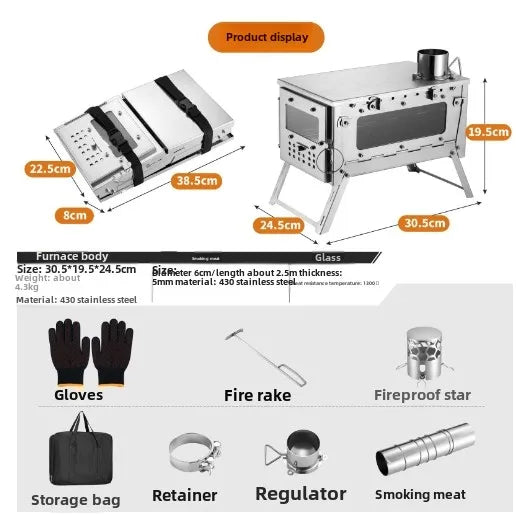 Camping Firewood Stove stainless steel Folding Portable Brazier Tent Wood Heater Furnace with Chimney Outdoor Ultralight Burner