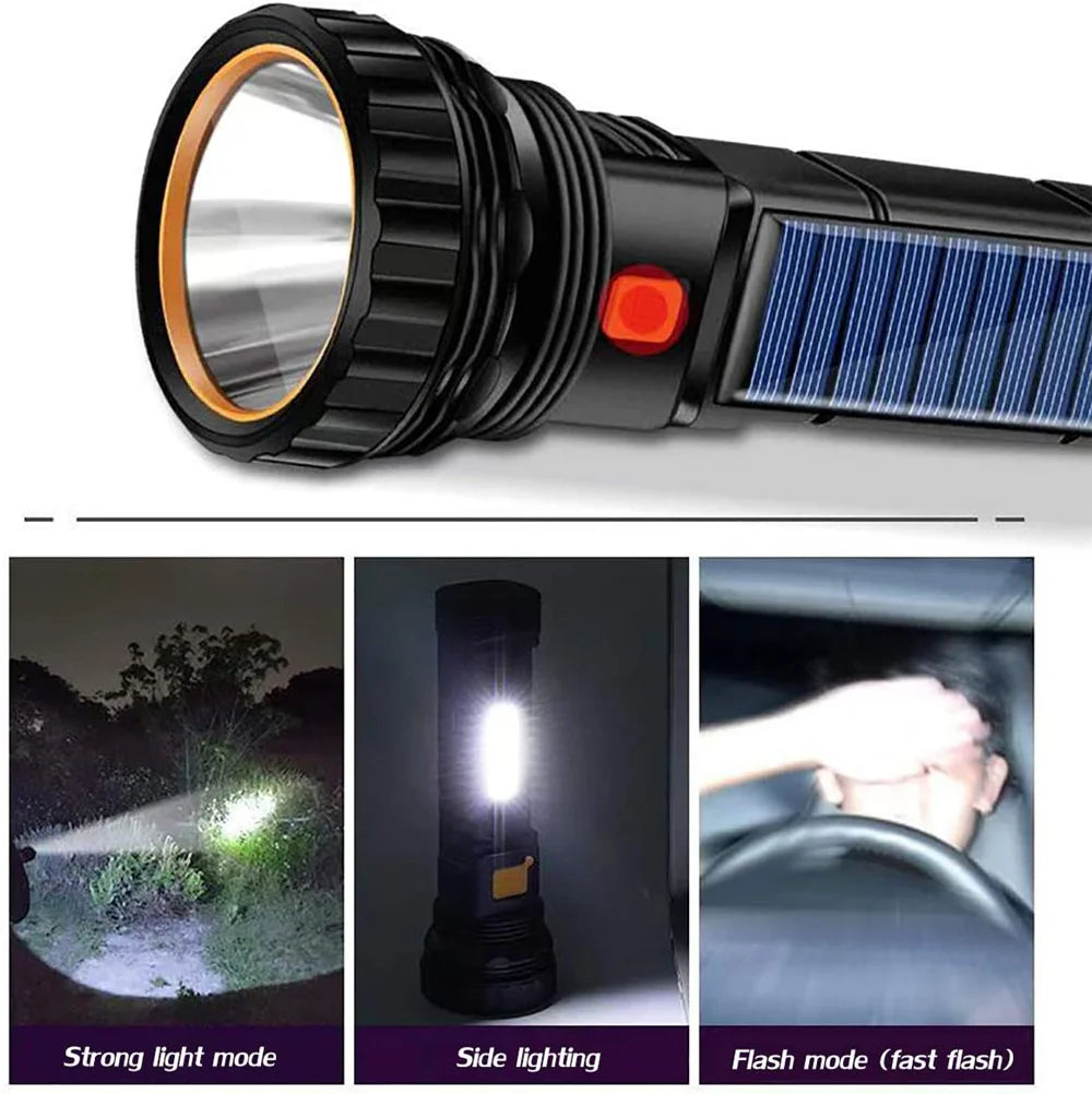 Solar LED Flashlight Waterproof Outdoor Flash Light 1000 Lumens Rechargeable Solar/USB Charging Emergency Supply Strobe Light