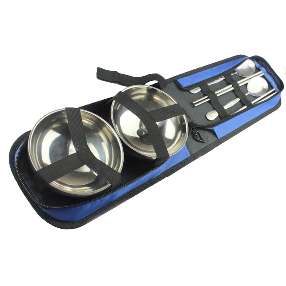 Camping Tableware Kit Bowl Spoon Chopsticks with Storage Bag Stainless Steel Folding Outdoor Hiking Picnic Travel Tableware Set