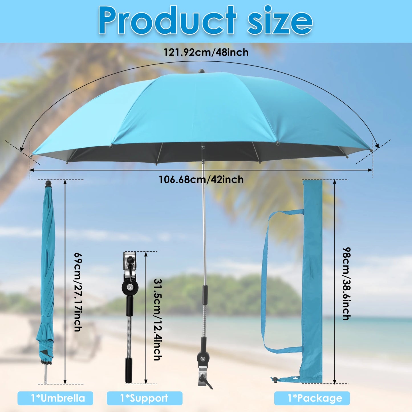 Beach Umbrella Adjustable Shade Umbrella Outdoor with Large Opening Clip Portable Umbrella Beach Camping Chair Wheelchair