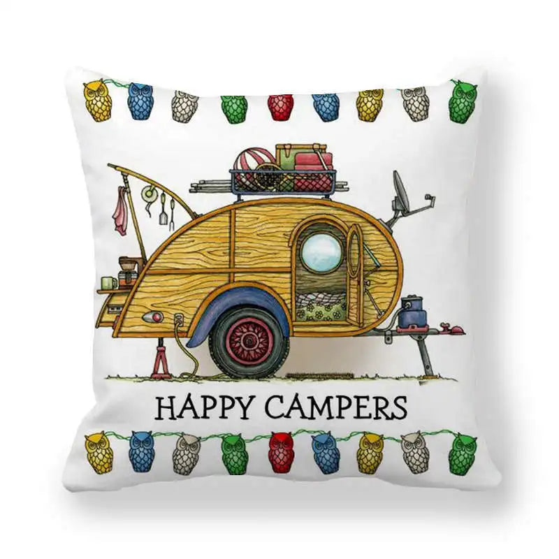 Happy Campers Car Cushion Cover Owl Outdoor Camping  Pillow  Sofa Decorative