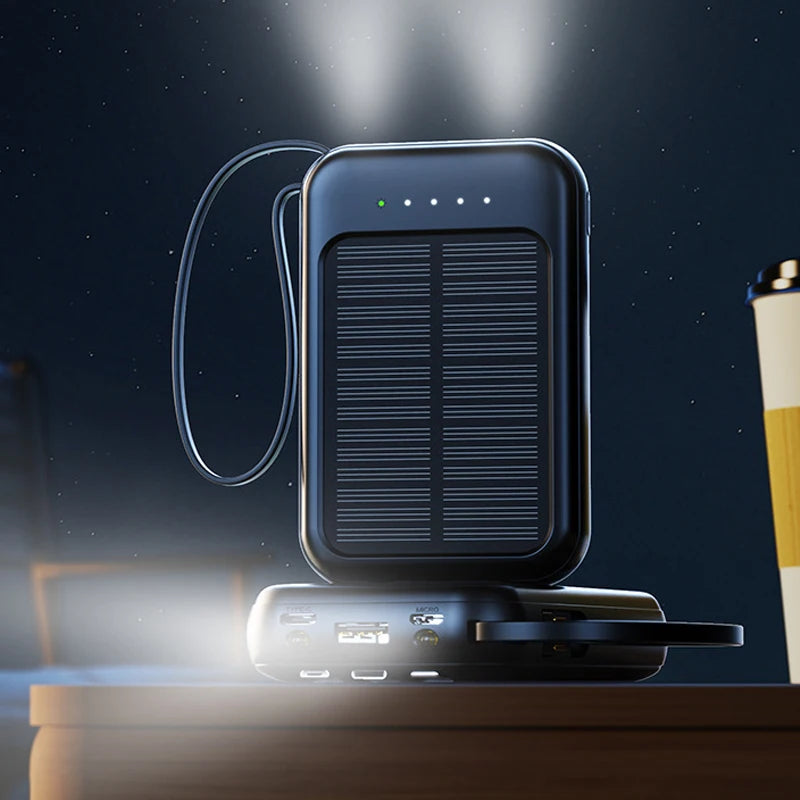 Solar Power Bank Built 4 Cables Portable Charger External Spare Battery Mini Powerbank with LED Light for IPhone Xiaomi Huawei