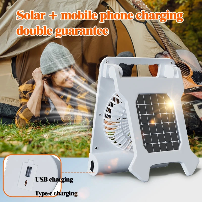 Camping Solar Fan Solar-Powered Camping Fan – Portable Rechargeable Fan with LED Light & Power Bank for Outdoor Adventures