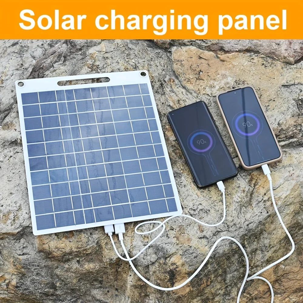 Portable solar power bank with two USB ports, suitable for outdoor camping, charging mobile phones or other electronic devices.