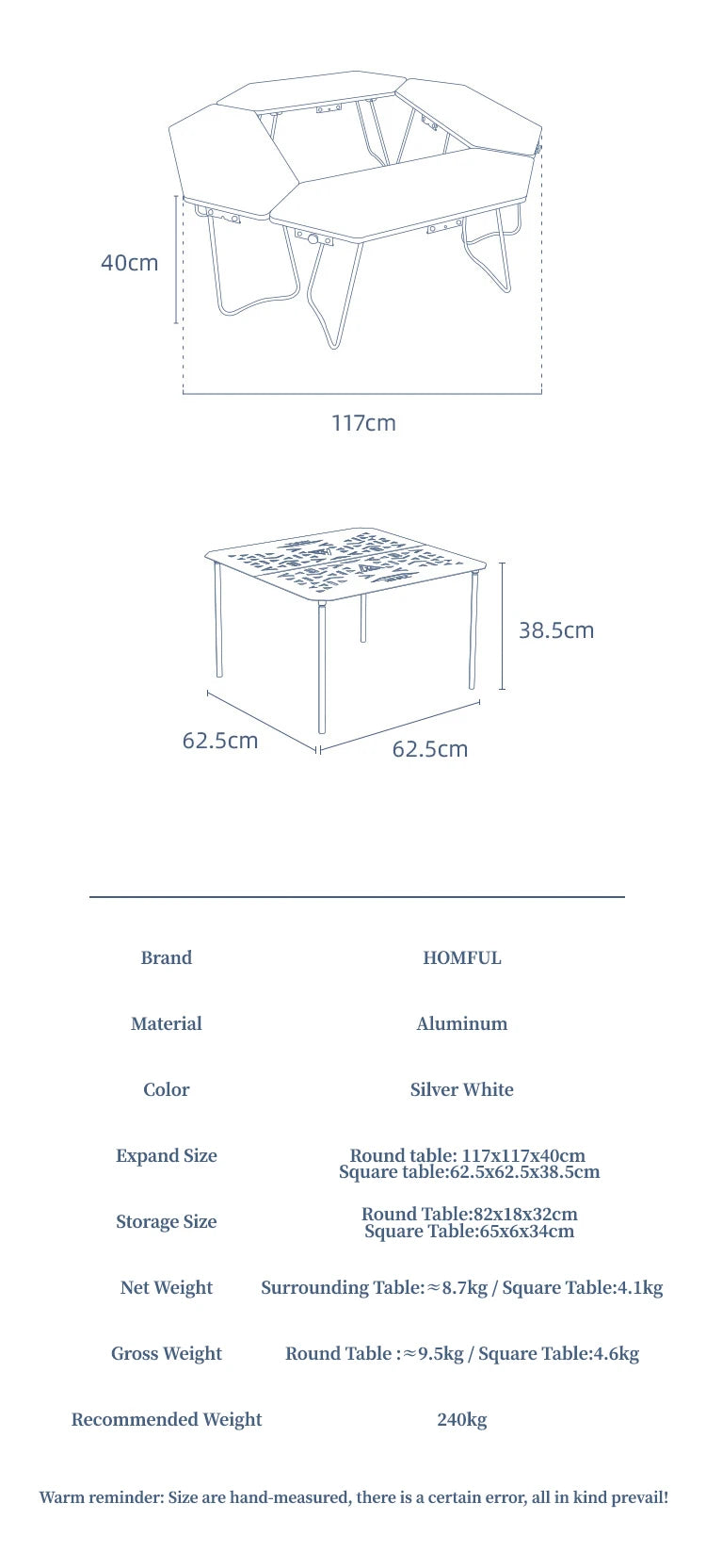 HOMFULOutdoor Stainless Steel Barbecue Campfire Table Camping Multifunctional Portable Foldable Splicing Combination Round Table