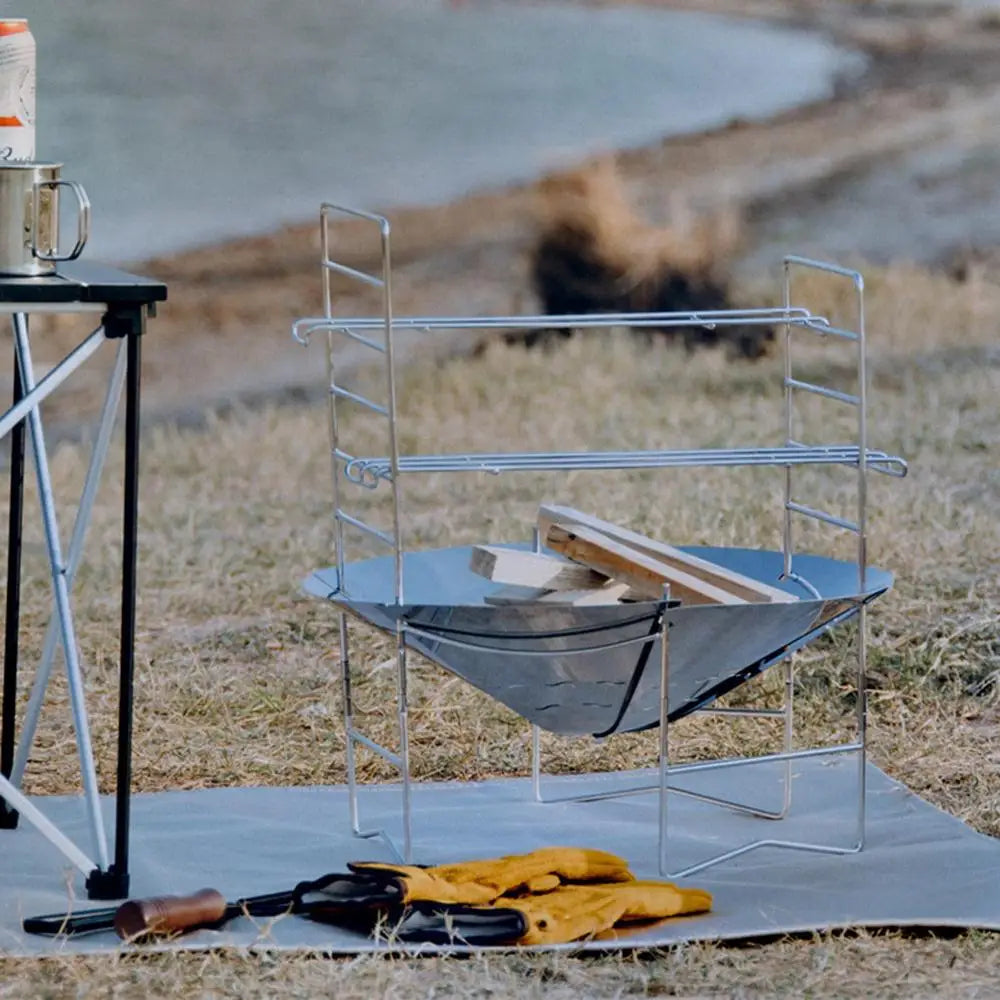 camping Bonfire Fire Pit Grill Foldable Circular Bonfire Stand Portable Firewood Stove Cookable Camping Stove Grill Burning