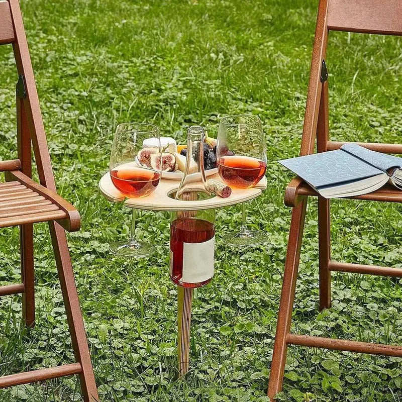 Freestanding Wine Table Rack Portable Foldable Table Wooden Rack Inserted Into The Ground Holder For Camping & Picnic
