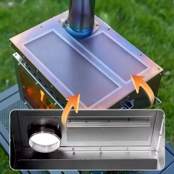 Camping Tent Stove Stainless Steel Smokeless Fireplace Secondary Burning Wood Stove Large Glass Window Firewood Heater