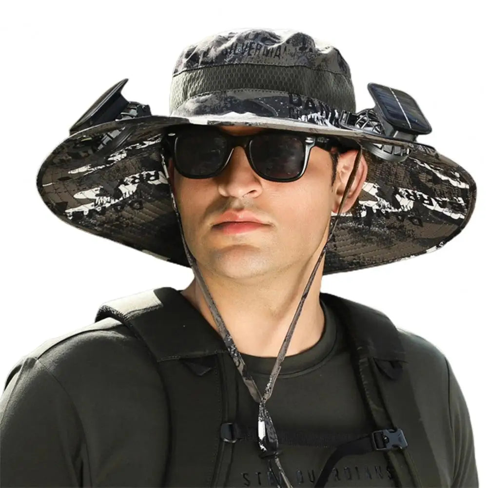 Solar Powered Cooling Hat Men Fisherman Hat Large Brim Windproof Strap USB Rechargeable Fan Hat Outdoor Fishing Camping Cap