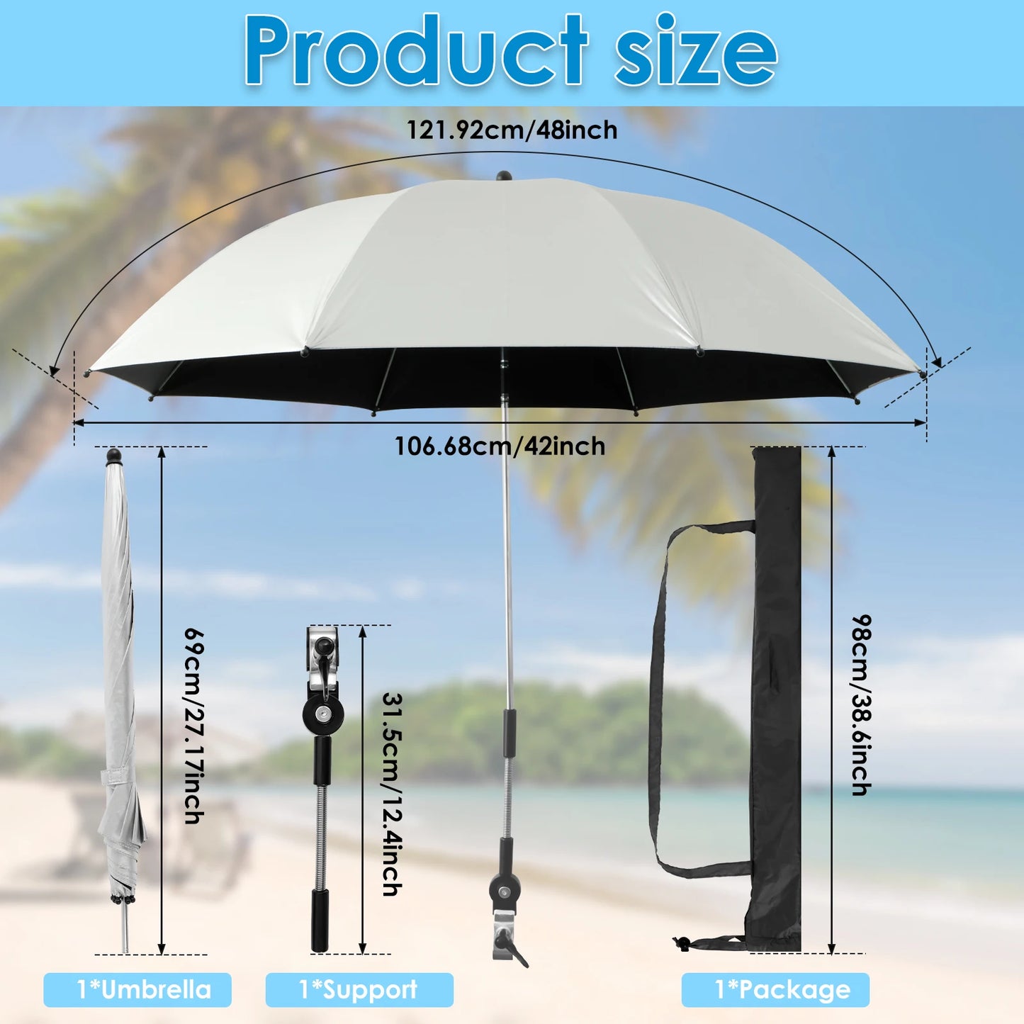 Beach Umbrella Adjustable Shade Umbrella Outdoor with Large Opening Clip Portable Umbrella Beach Camping Chair Wheelchair