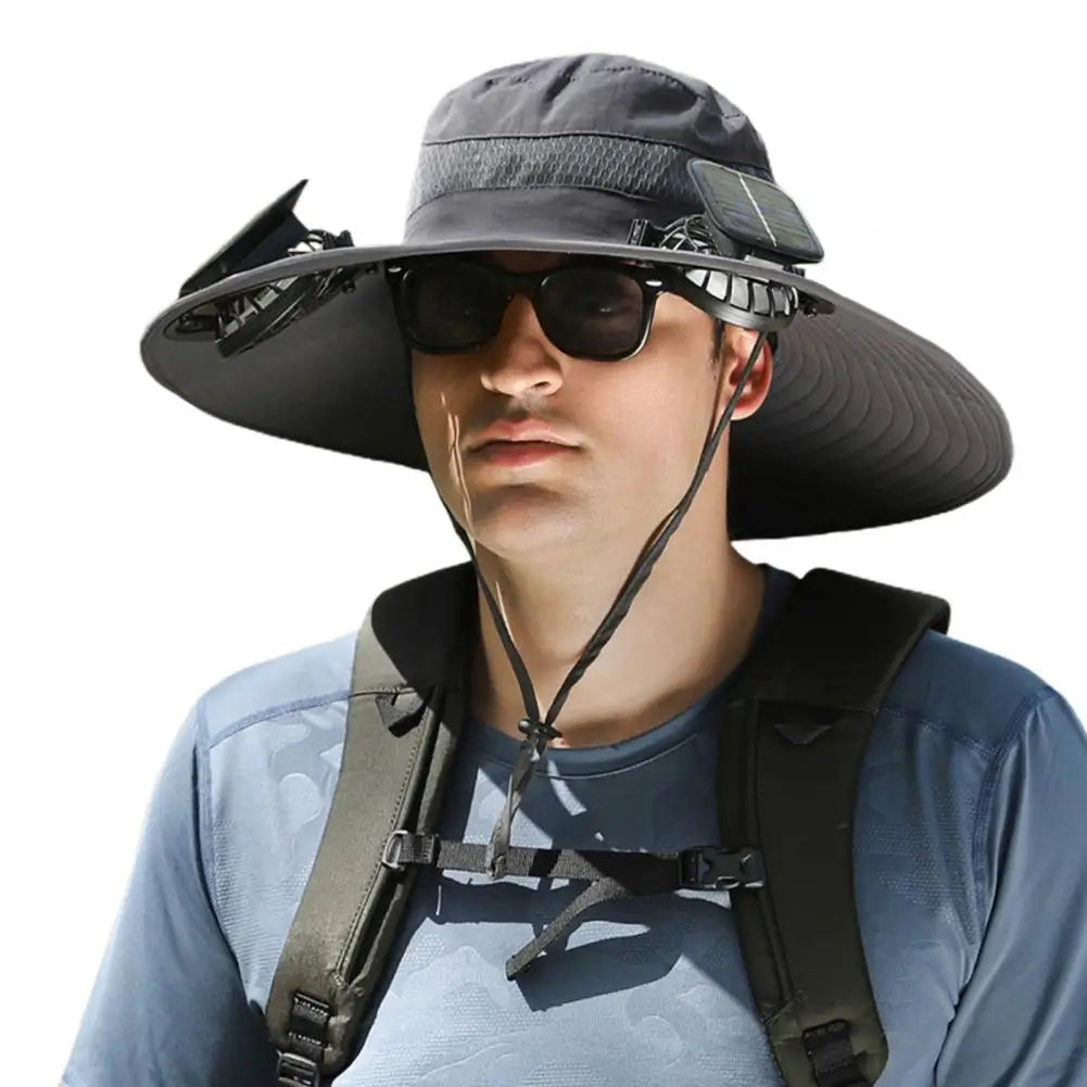 Solar Powered Cooling Hat Men Fisherman Hat Large Brim Windproof Strap USB Rechargeable Fan Hat Outdoor Fishing Camping Cap