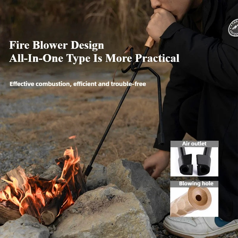 MOUNTAINHIKEOutdoor camping can be done by blowing fire barbecuing iron duck billed fire tongs solid wood handles charcoal clips