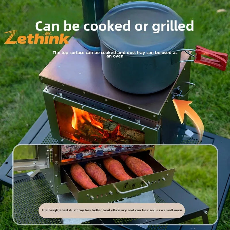 Camping Tent Stove Stainless Steel Smokeless Fireplace Secondary Burning Wood Stove Large Glass Window Firewood Heater