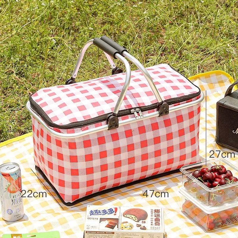Folding picnic basket, large capacity outdoor camping insulation bag, hand-held aluminum foil thickened fabric car picnic bag