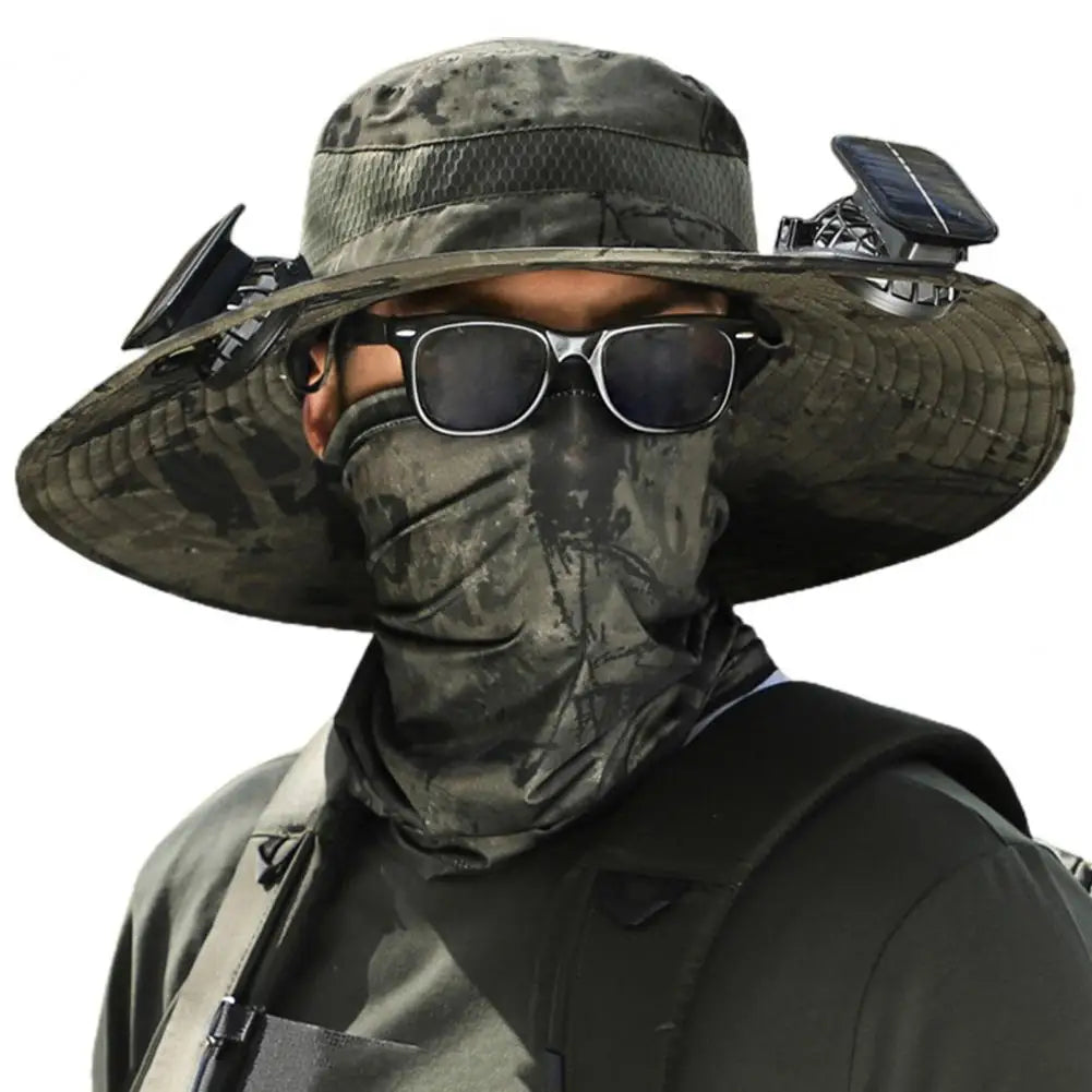 Solar Powered Cooling Hat Men Fisherman Hat Large Brim Windproof Strap USB Rechargeable Fan Hat Outdoor Fishing Camping Cap