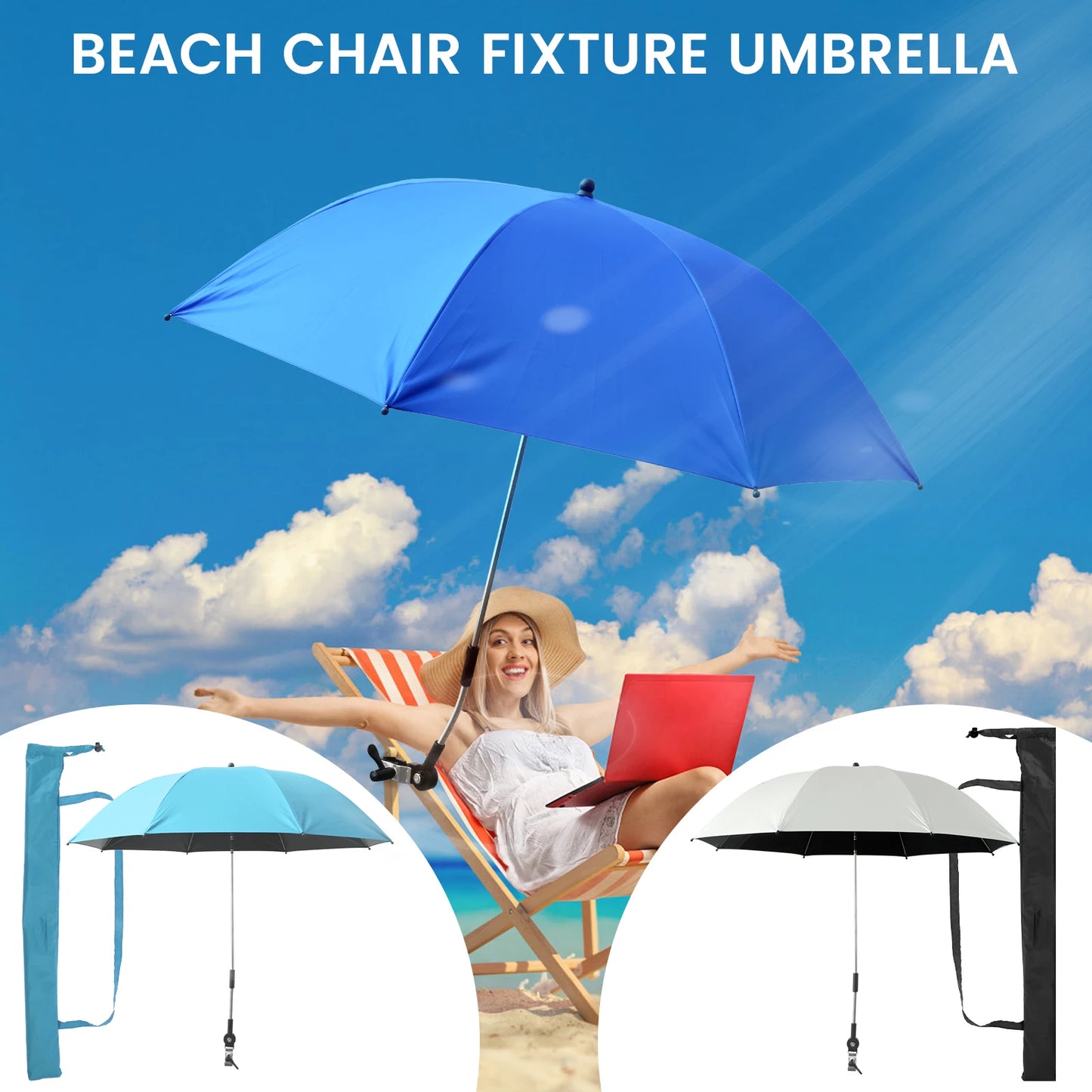 Beach Umbrella Adjustable Shade Umbrella Outdoor with Large Opening Clip Portable Umbrella Beach Camping Chair Wheelchair