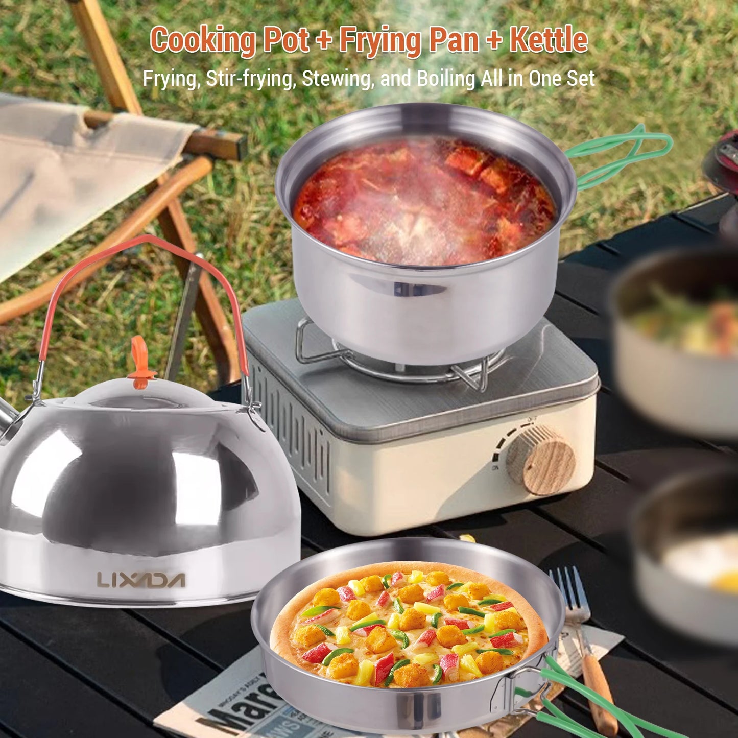 Collapsible Camping Cookware Stainless Steel for 1-2 People Cooking Pot Frying Pan Suitable for All Stove Types Lightweight
